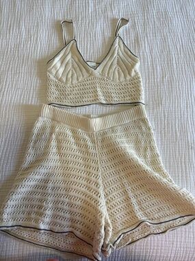 wild fable Cream Knit Crop Bralette & Shorts Beach Set with Black Trim